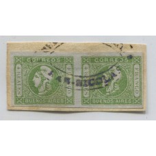 ARGENTINA 1859 GJ 16 + 16f PAREJA DE ESTAMPILLA NORMAL MAS LA VARIEDAD 4 SIN PUNTO, CON MATASELLO OJIVA DE SAN NICOLAS, YA LOS SELLOS SUELTOS MARCARIAN U$ 250 + PAREJA + FRAGMENTO + MATASELLO 100 %